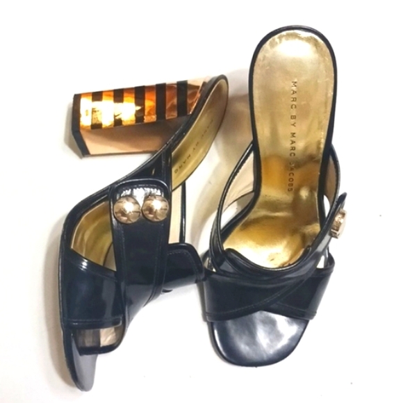 Marc By Marc Jacobs Gold and Black Block Heels Open Toe Mules Size 6 - Picture 1 of 9
